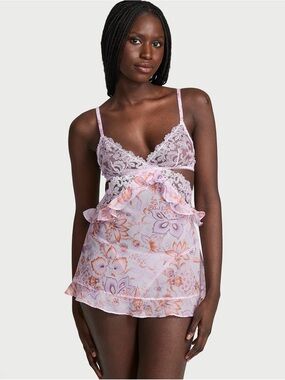 Victoria's Secret Lilac & Peach Floral Lace Chemise with Ruffle Detail